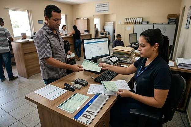 Profissional realizando o licenciamento de veículo.
